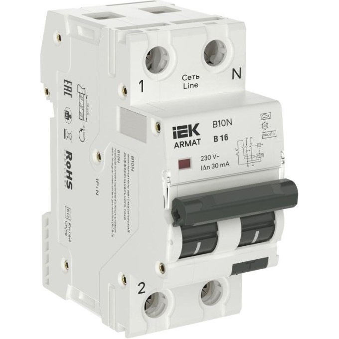 Выключатель автоматический дифференциального тока IEK ARMAT 2п (1P+NP) B 16 30мА тип A АВДТ B10N 36мм AR-B10N-1N-B016A030